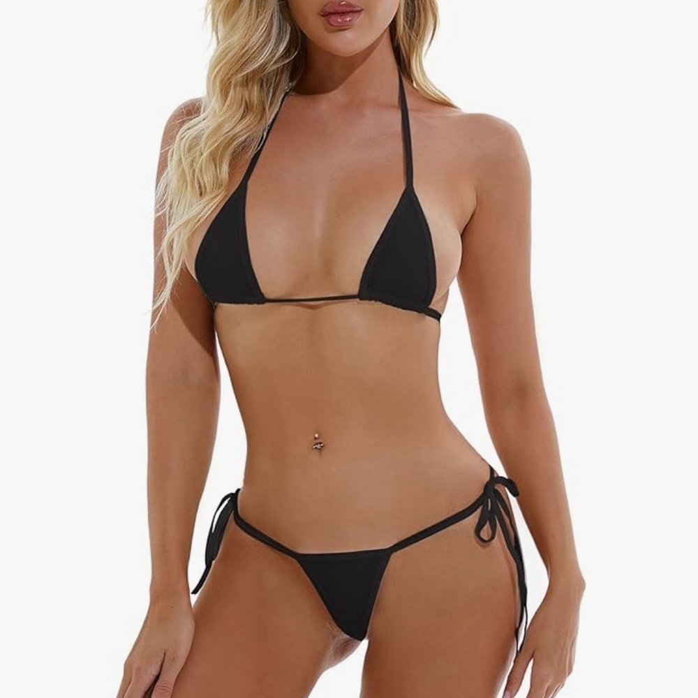 Black string bikini with string thong bottom and tiny top super sexy siz…